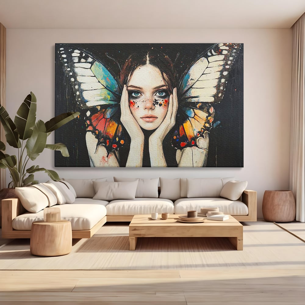 Tablou canvas cu tablou canvas cu femeie si aripi de fluture, fara rama, pe sasiu de lemn, pe perete intr-un living